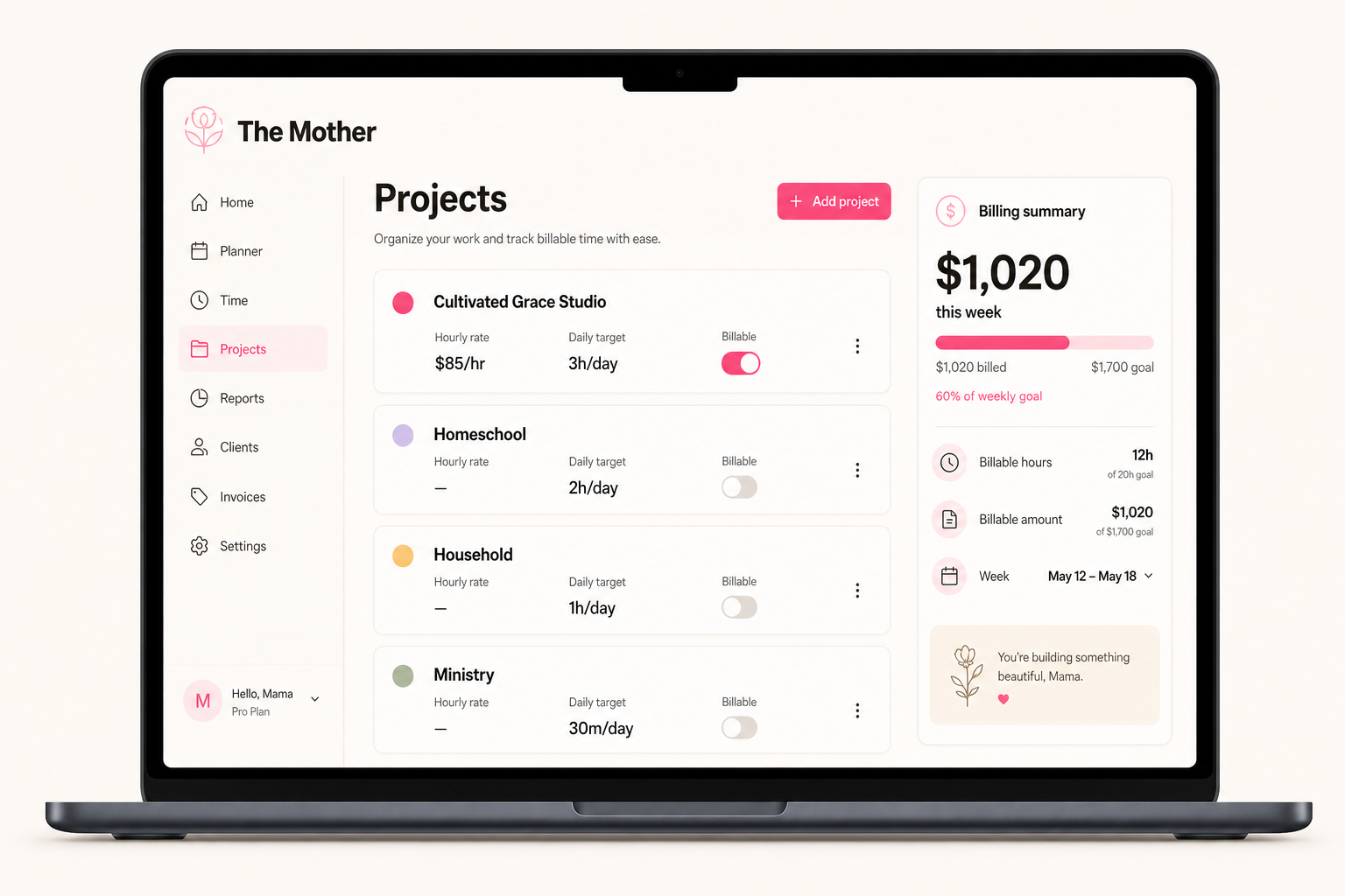 The Mother projects and billing on desktop